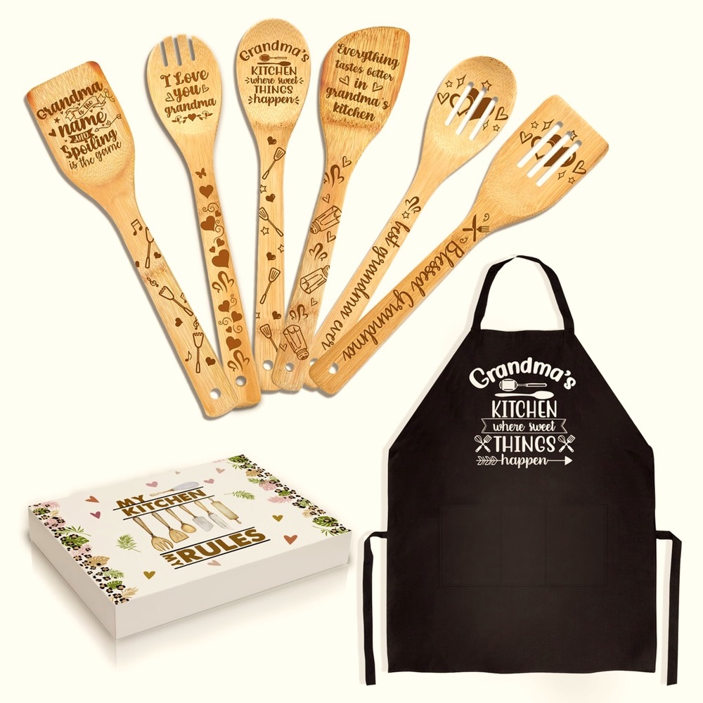 My Kitchen My Rules Grandma’s Apron and Bamboo Wooden Spoons Set